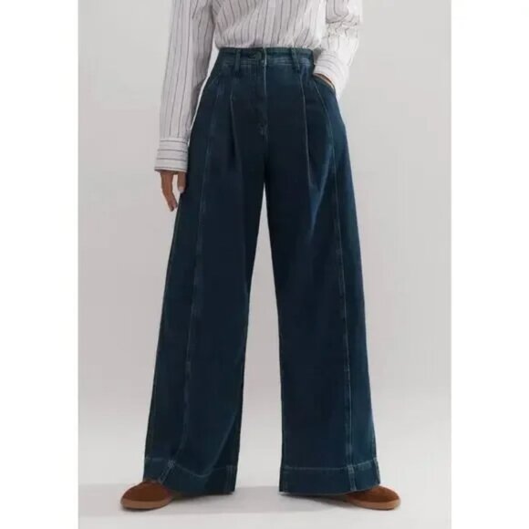 ME+EM Soft Denim Pleated Pants Mid Wash Jean Denim - Picture 1 of 9